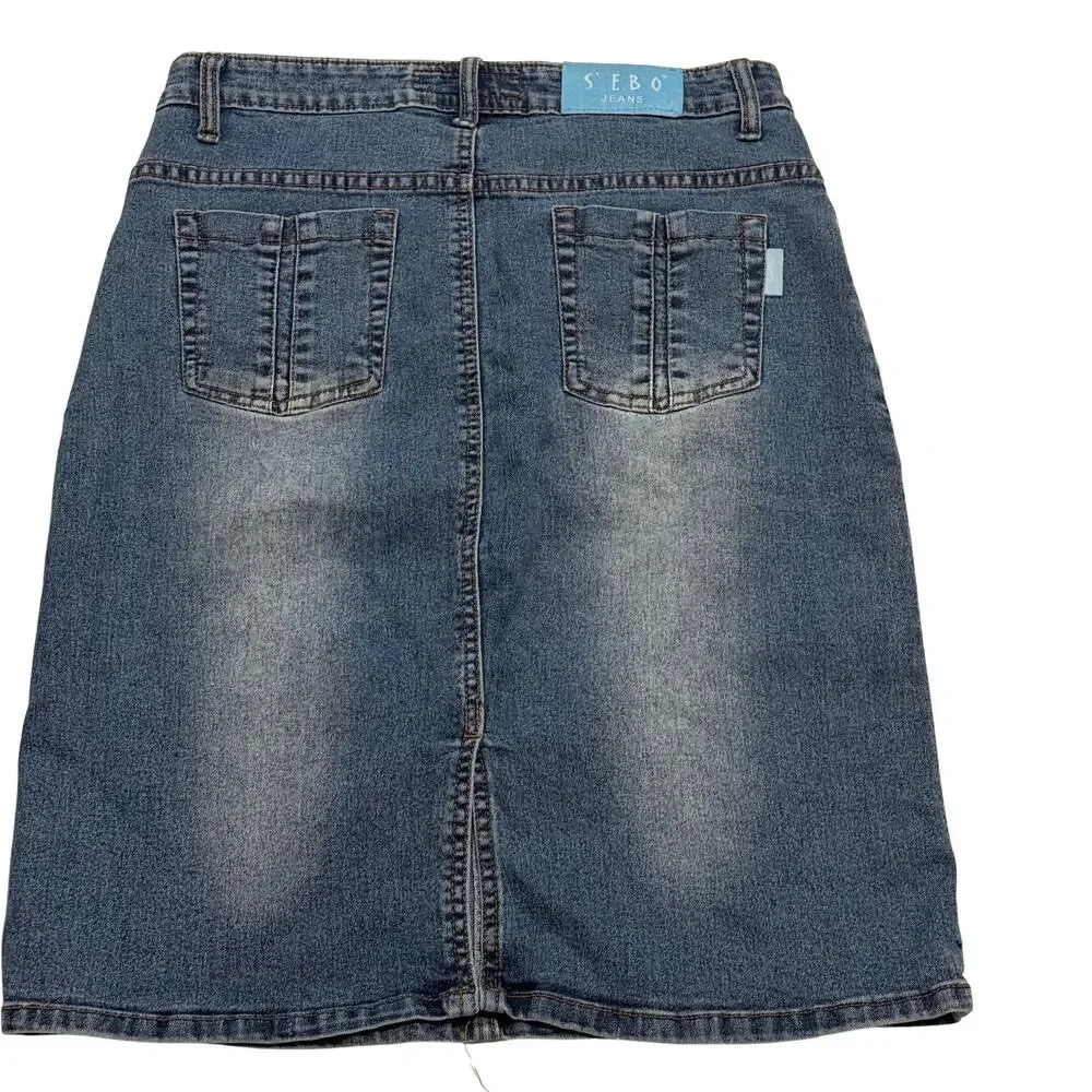 Y2K Denim Midi Skirt Size 7/8 Blue Wash Stretch Jean Skirt Back Slit